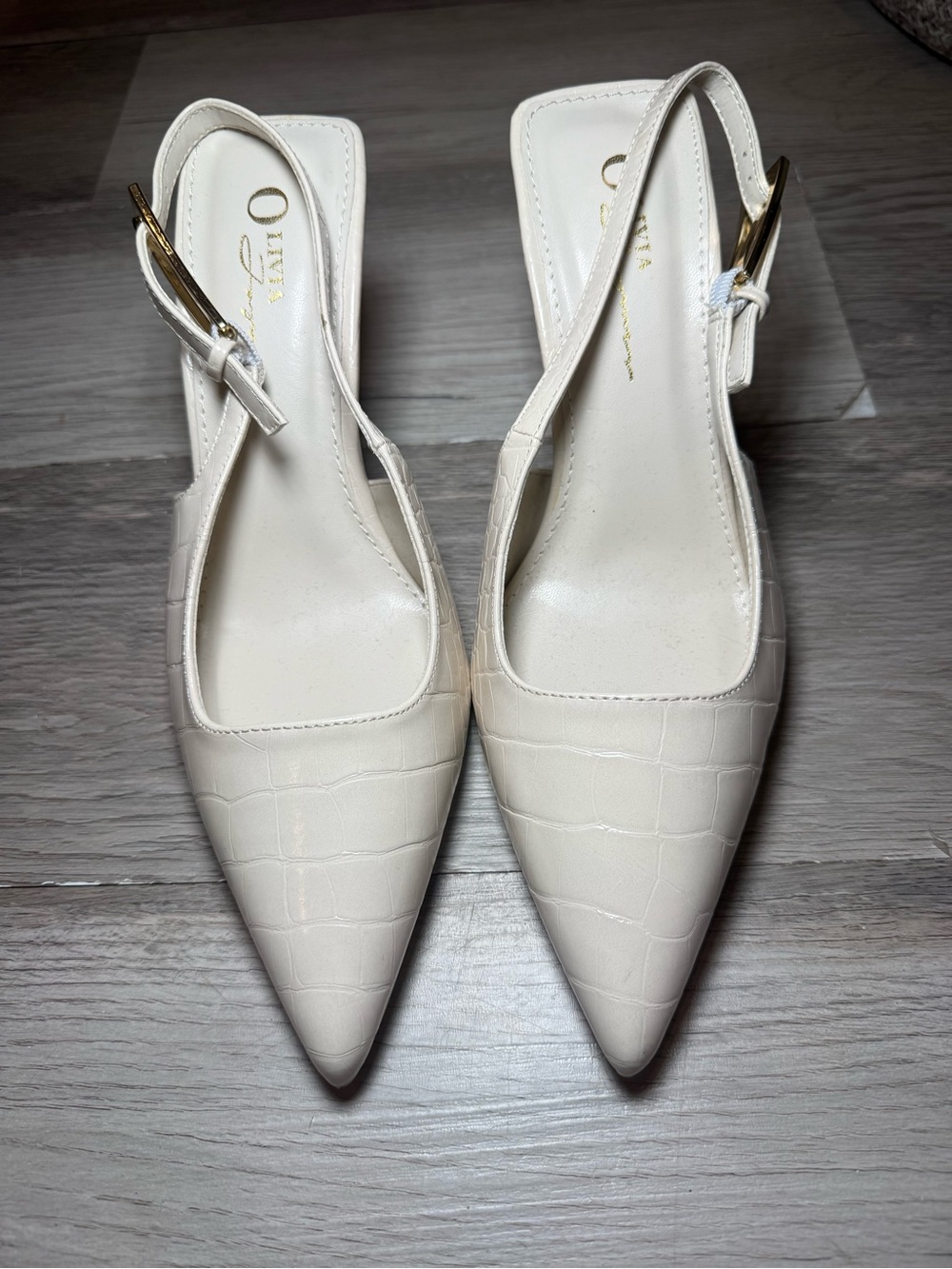 White Croc-Embossed Slingback Pumps